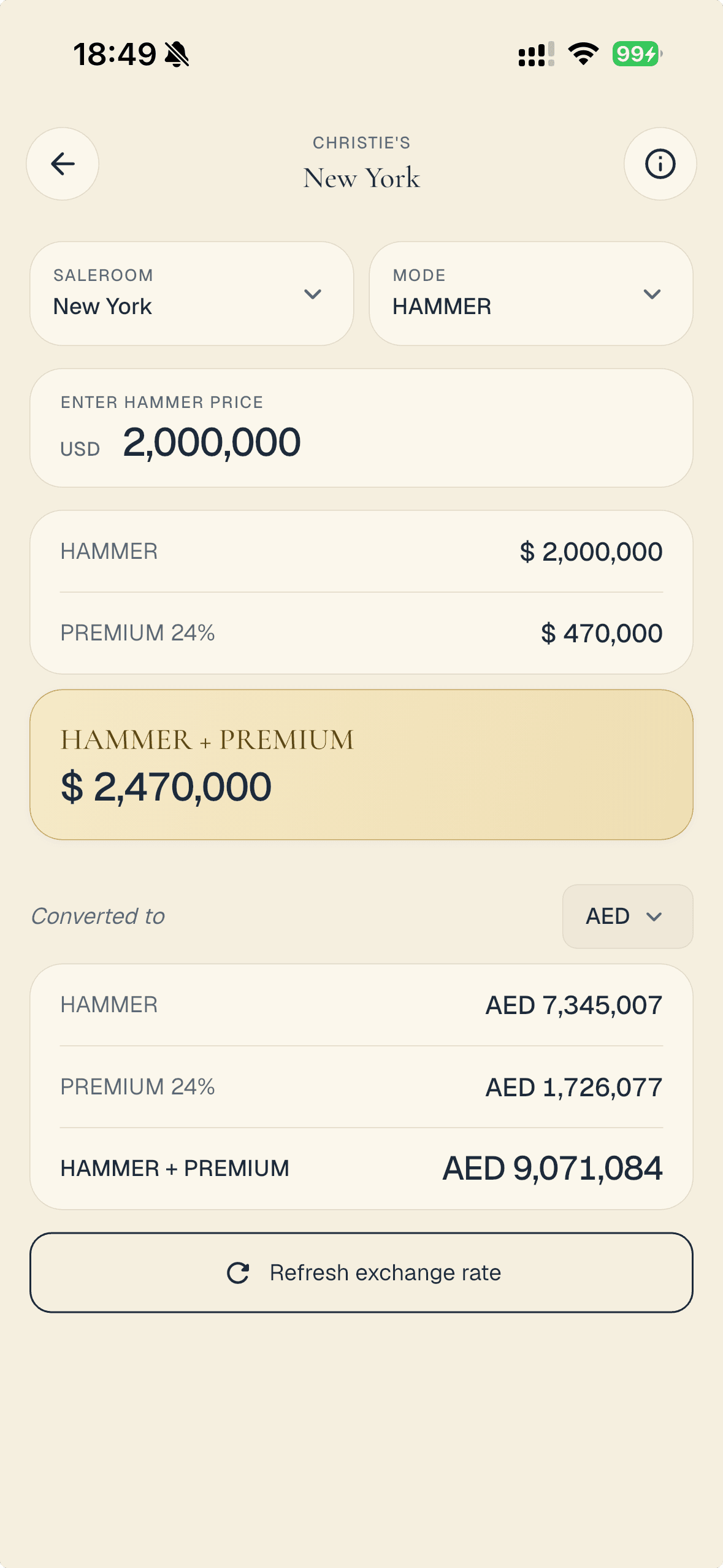 BidMate calculator screen — Christie's Hong Kong total