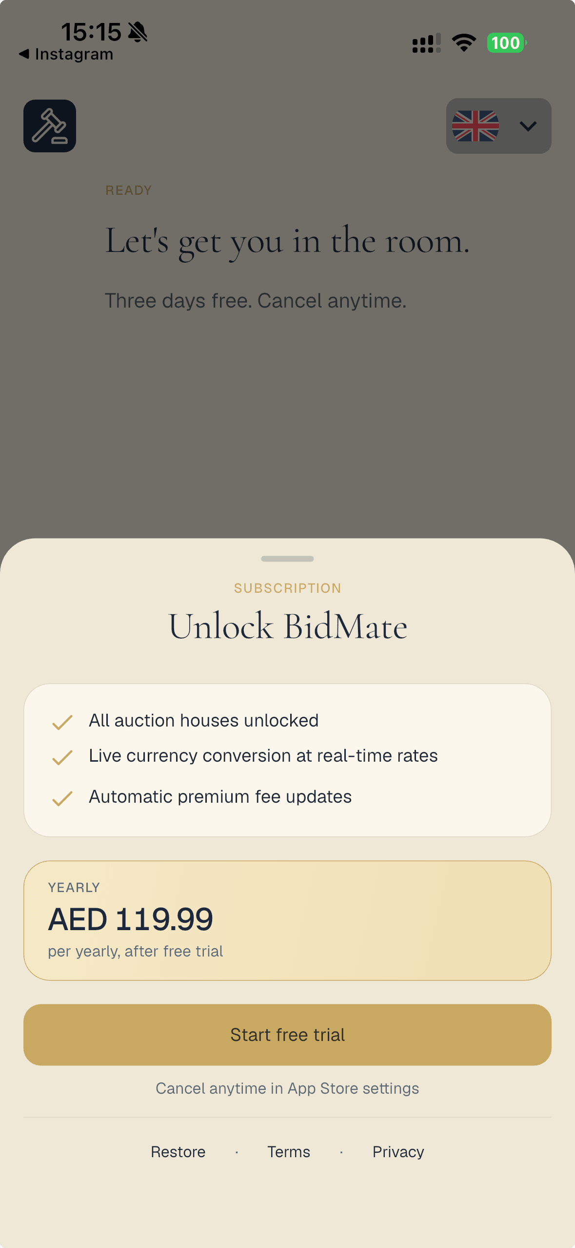 BidMate Unlock subscription sheet